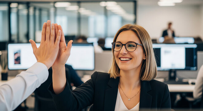Cheerful female business partners high fiving in office perfect for successful corporate agreements and positive professional teamwork