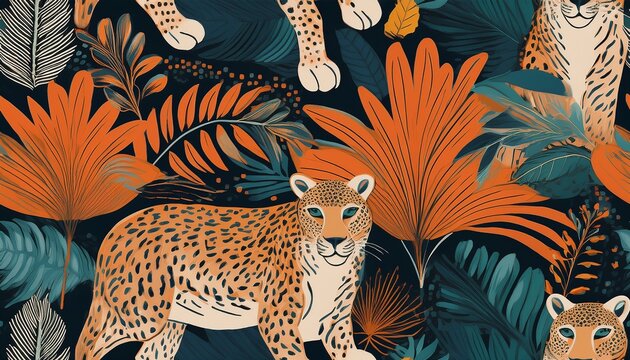 abstract ethnic botanical print with leopard cute collage contemporary seamless pattern