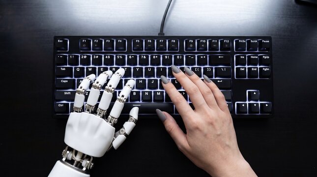 Robotic hand and human hand typing together on backlit keyboard, collaboration between technology and person in modern workspace expressing teamwork and contrast