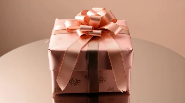 A close-up of a beautifully wrapped gift box adorned with a shiny gold ribbon bow. The pink paper is complemented by delicate designs, making it an ideal present for any occasion.