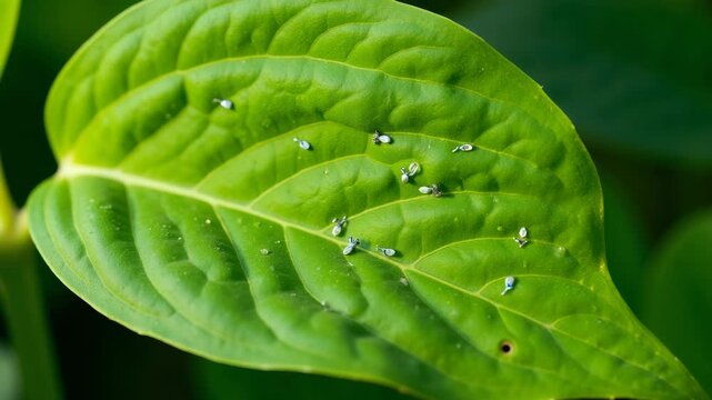 Close-up showcasing the detail and life of a plant leaf with small, intriguing creatures perched upon its surface.