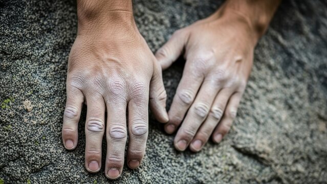 Chalk covered climber hands gripping rough rock wall.