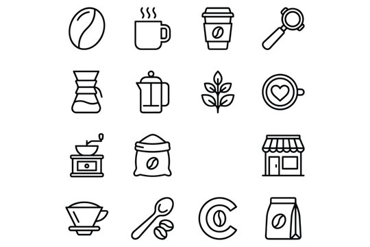 Coffee icons vector set coffee bean cup grinder machine maker