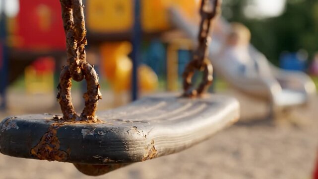 A nostalgic playground scene featuring a weathered swing, evoking memories of childhood play on a sunny day with joyful laughter and carefree moments ahead.