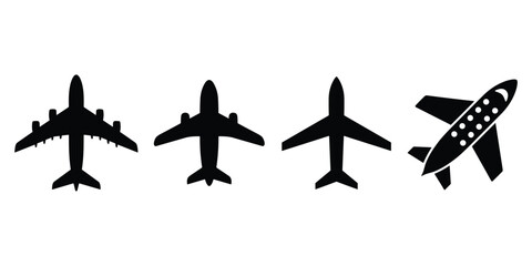 Fototapeta premium Four black airplane silhouettes isolated on white background showing different types of air travel