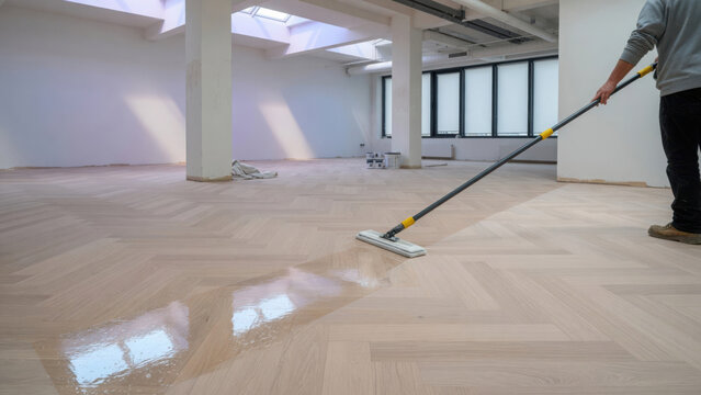 A person cleaning a light oak herringbone wooden floor with a mop in a large generated using ai