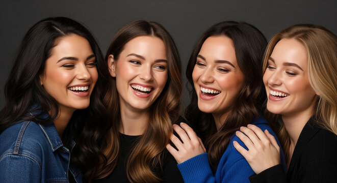 Four happy diverse women smiling and hugging perfect for positive feminine power and joyful multicultural friendship concepts