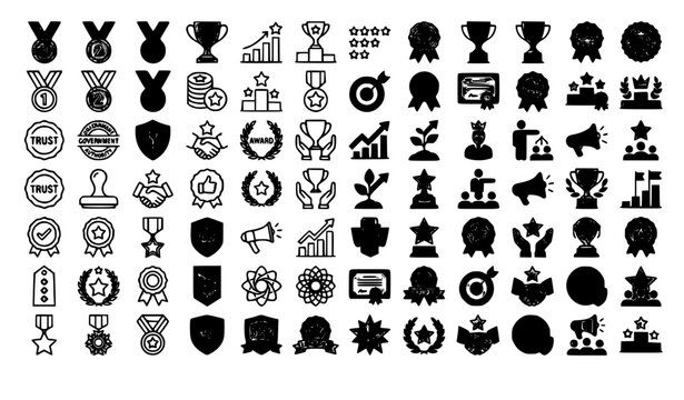 Ranking Line and Flat Icons Set Badge Rating Winner Medal and Victory Symbols Vector