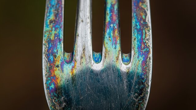Metal fork tines showing iridescent heat tarnish rainbow.