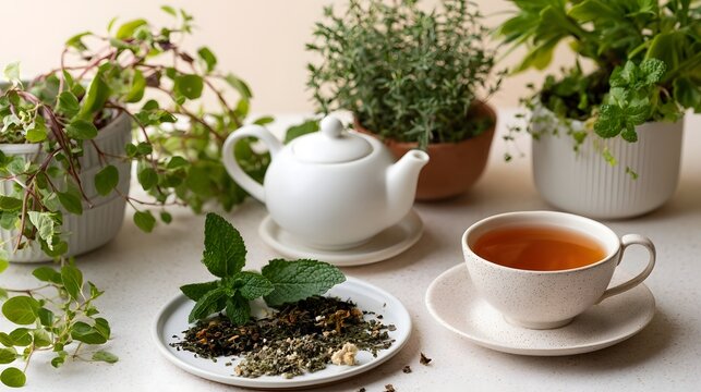 A balanced herbal tea setup in an airy studio creates a serene and inviting atmosphere
