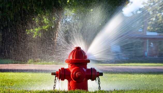red fire hydrant being flushed high pressure water spraying forcefully