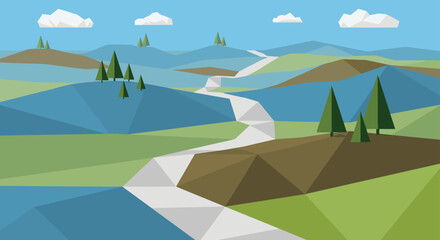 Naklejka premium Geometric low poly landscape showcasing a winding white path through rolling green and blue hills dotted with green pine trees.