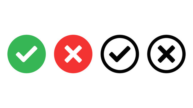 Green Check Mark and Red Cross Signs in Circular Icons.