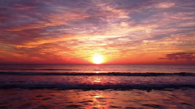 A Captivating Sunset Over Tranquil Waters, Illuminating the Sky with Vibrant Hues of Orange, Pink, and Purple as the Day Transitions into Night