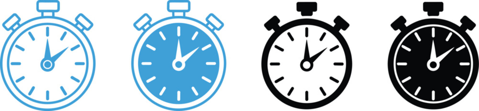 Stopwatch icon set, multiple style vector pack featuring analog and digital timer symbols for time tracking, measurement and productivity app interface design.