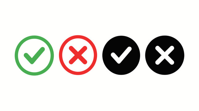 Green check mark and red cross sign in black circles.