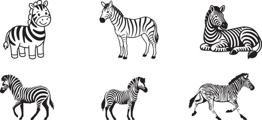 Zebra icons, black and white striped animal illustrations, zebra graphics, wildlife vector set © Sania