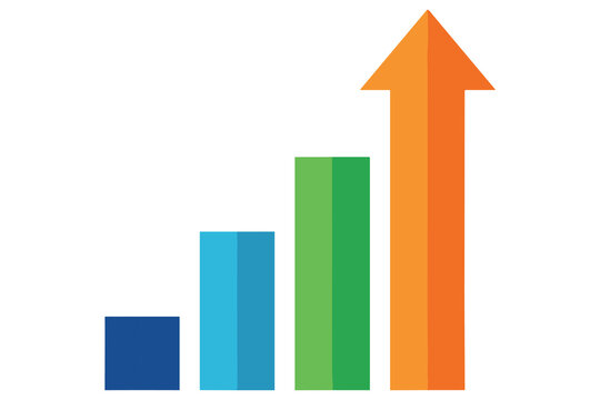 Bar chart with four rising columns and an orange arrow pointing upwards signifying progress trend