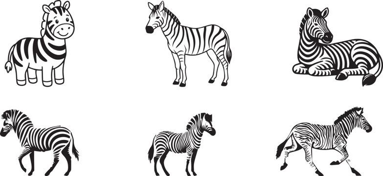 Zebra icons, black and white striped animal illustrations, zebra graphics, wildlife vector set