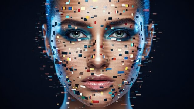Woman face dissolving into colorful digital square pixels.