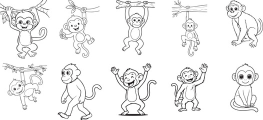 Monkey icons, cartoon monkeys, 10 monkey illustrations, black and white vector set © Sania
