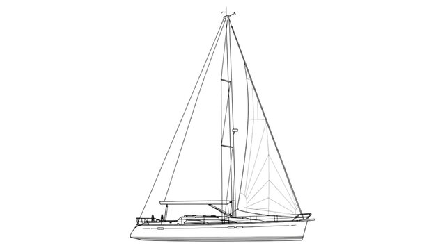 Sailing yacht rendered in 2D AutoCAD Vector illustration format on water