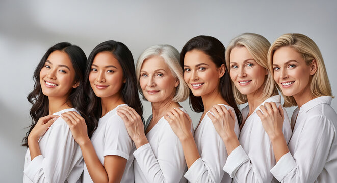 Five beautiful women of different ages smiling in line perfect for happy family generations and multi age beauty concepts