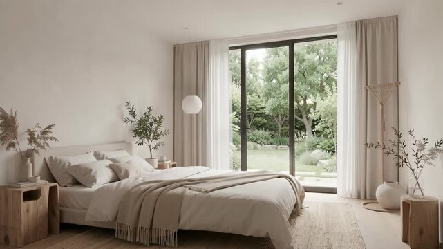 Minimalist bedroom with soft lighting and natural tones. Large window frames green garden view. Cushions and blankets add cozy texture. Simple wooden nightstands hold decor