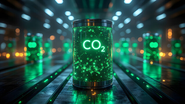 Conceptual 3D illustration of a futuristic storage cylinder containing glowing green CO2 gas, symbolizing carbon capture and storage technology, net zero emission, and eco green tech