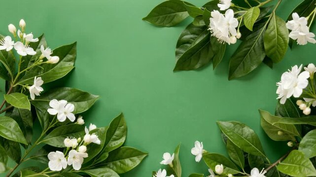 Floral wreath with white flowers and leaves as decoration.