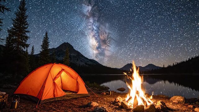 A Serene Camping Experience Under the Night Sky: Enjoying a Warm Campfire Beside the Tranquil Lake with a Stunning View of the Starry Milky Way Galaxy