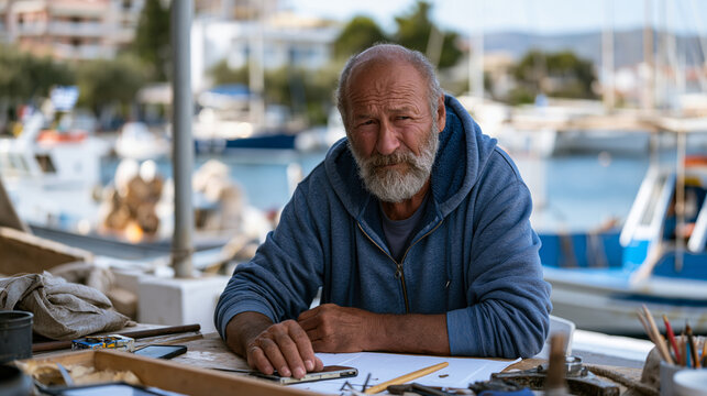 Elderly Greek island fisherman watching son-in-law photograph his boat repair technique for instructional video content monetization, familiar craft reframed as sellable expertise, marina backdrop u
