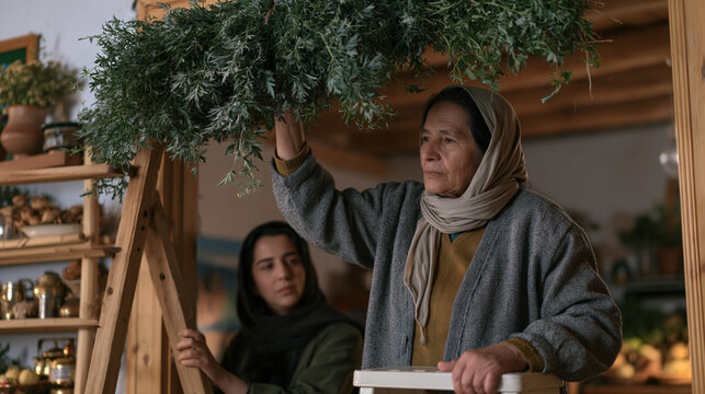 Iranian mother pinning a rue herb bundle above the front doorframe during Nowruz preparation standing on a step stool while her adult daughter steadies the ladder, the ritual domestic and unhurried 