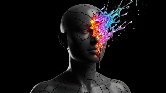 Cracked dark statue head exploding with colorful liquid splash.