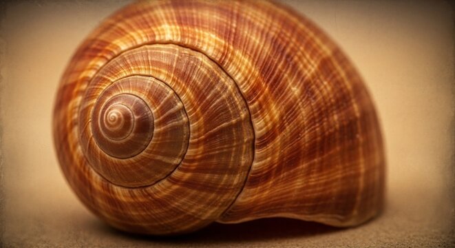 A closeup view of a brown snail shell with spiral patterns on its surface
