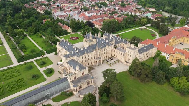 Lednice Chateau Panorama, Aerial Zoom In, Czech Republic