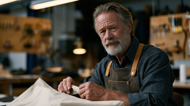 Senior craftsman in a leather goods workshop stitches a reinforced handle onto a canvas tote made entirely from factory offcuts, hands moving with practiced rhythm, small tools hanging on pegboards 