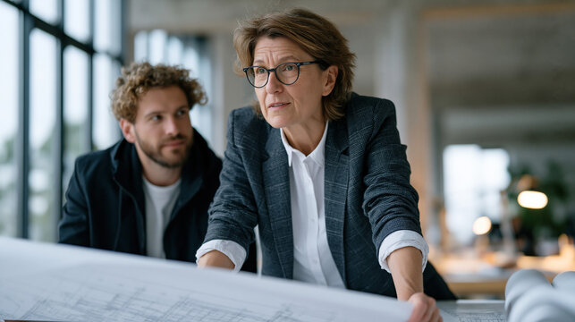 Senior female architect in tailored workwear leans over a wide drafting table in a bright studio reviewing structural blueprints alongside a younger colleague, both focused and professional in a col