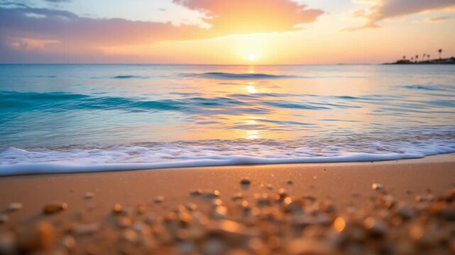A breathtaking view of a sunrise over calm ocean waves with shells scattered on the beach.