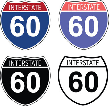 US Interstate 60 highway sign with route number and text. Interstate highway 60 road sign. 60 route symbol. flat style.