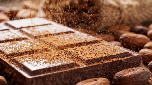 Cocoa powder sprinkling over dark chocolate bar with raw cocoa beans on rustic background close up