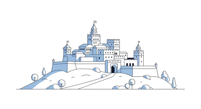 Minimalist vector illustration of a medieval castle on a hill