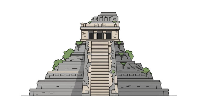 Illustration of Ancient Mayan Pyramid with Stone Steps and Greenery