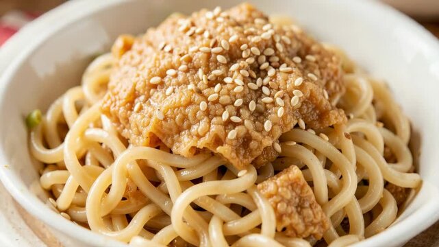 Close-up of a bowl of noodles, topped with a sprinkle of sesame seeds and possibly herbs or spices, resting on a wooden table.