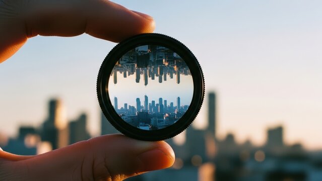 Round optical lens held in fingers inverting urban buildings.