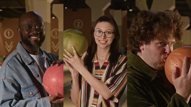 Split screen portraits of diverse young friends holding bowling balls and smiling while enjoying team game at entertainment center, promoting active social recreation