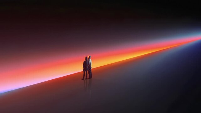 People watching colorful horizon in dark space animation. Concept of future vision, market trends, strategic planning, creative direction, innovation forecast, business transformation.