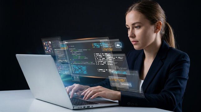 Programmer working with artificial intelligence and data analytics. Futuristic code interface, machine learning dashboard, software development and digital technology concept