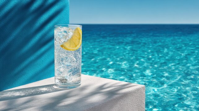 Refreshing glass of cold water with lemon near a swimming pool on a hot summer day. Concept of hydration, healthy lifestyle, heat wave prevention and staying hydrated in warm weather.