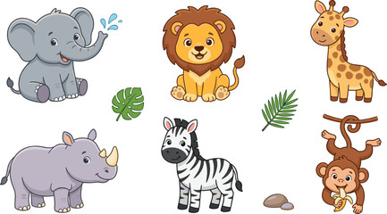 Cute African Safari Jungle Animals Vector Icon Set Featuring Baby Elephant, Lion Cub, Giraffe, Rhinoceros, Zebra, and Monkey for Nursery Graphic Designs © Ismail